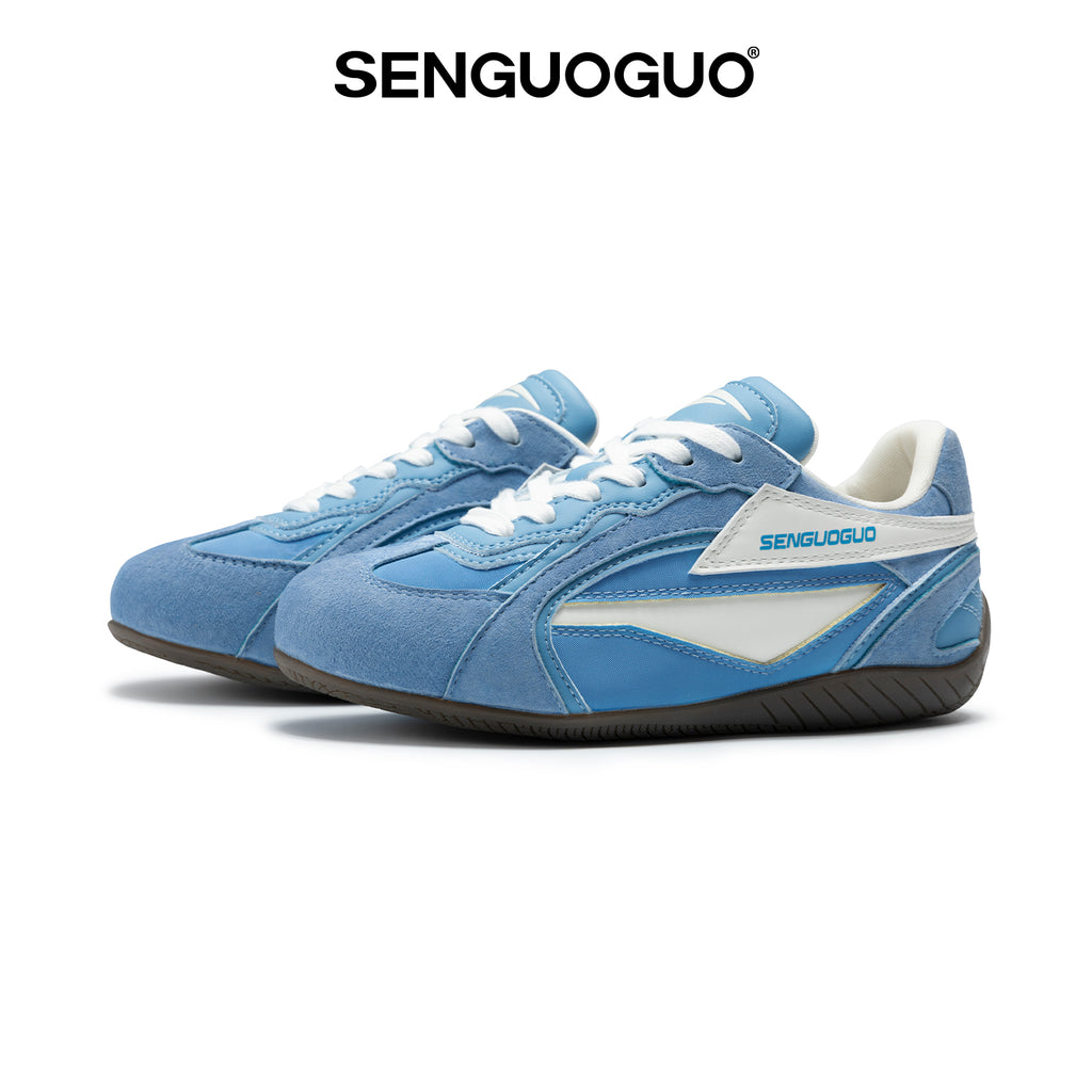 SENGUOGUO Retro Racer Sneaker — Sky Blue & White, Unisex Low-Top