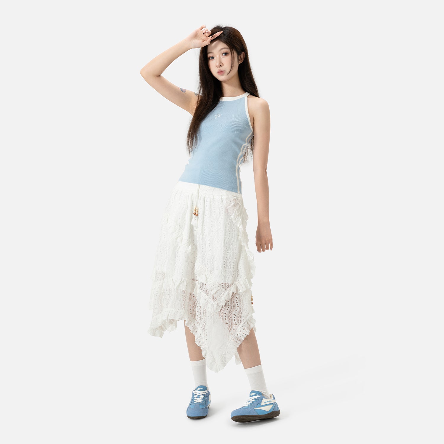 SENGUOGUO Retro Racer Sneaker — Sky Blue & White, Unisex Low-Top