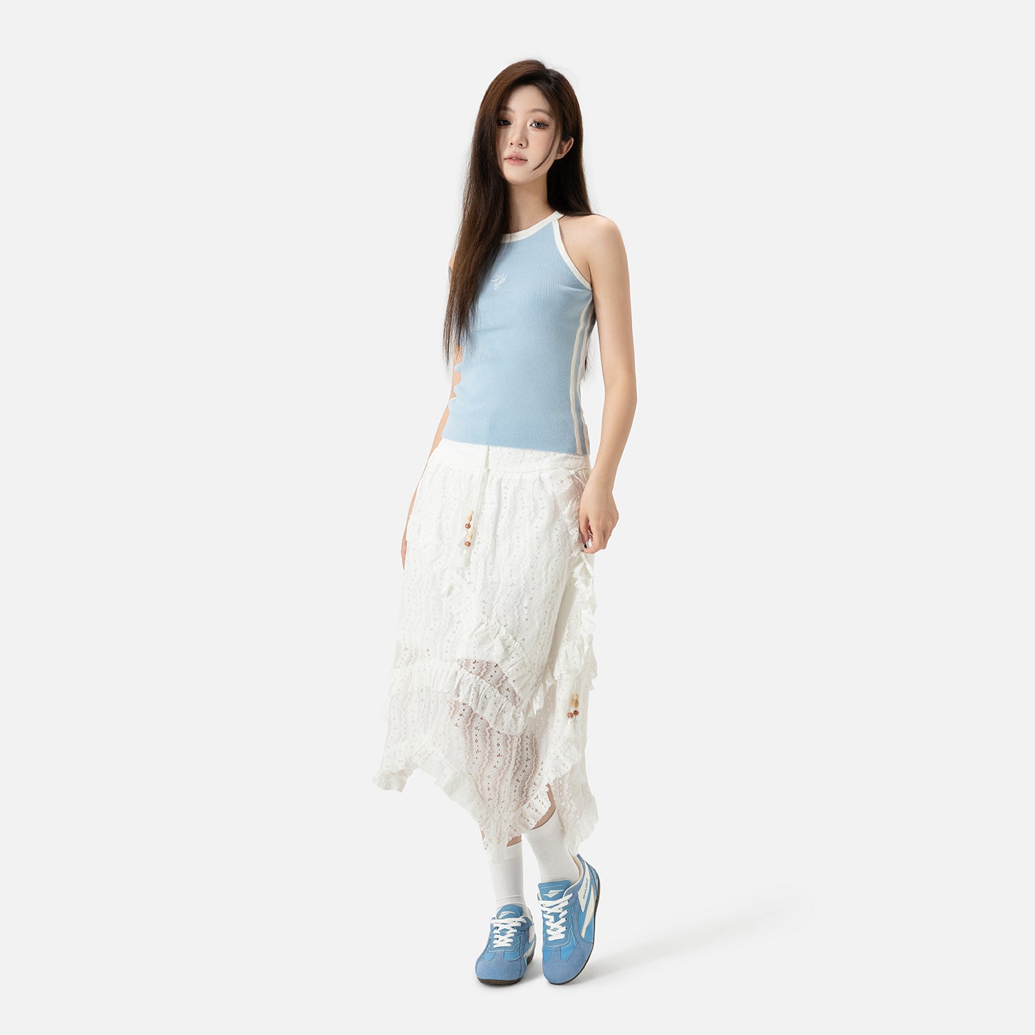 SENGUOGUO Retro Racer Sneaker — Sky Blue & White, Unisex Low-Top
