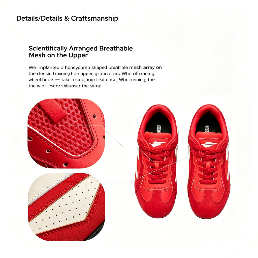 SENGUOGUO Retro Racer Sneaker — Pomegranate Red & White, Unisex Low-Top