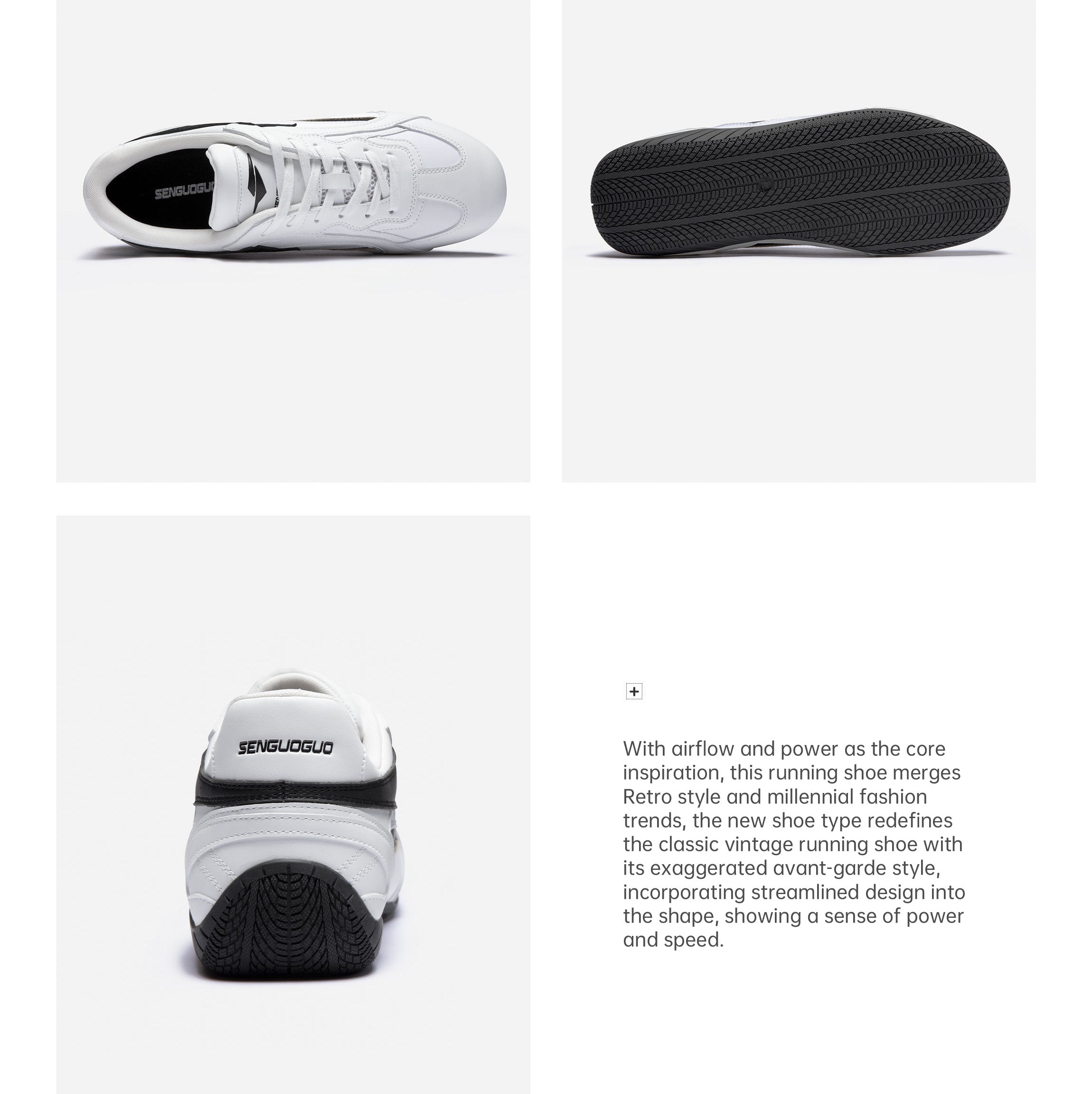 SENGUOGUO Lightning Racer Sneaker — Black & White, Unisex Low-Top