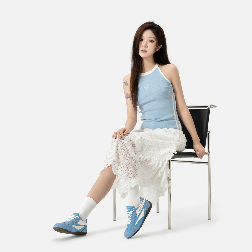 SENGUOGUO Retro Racer Sneaker — Sky Blue & White, Unisex Low-Top