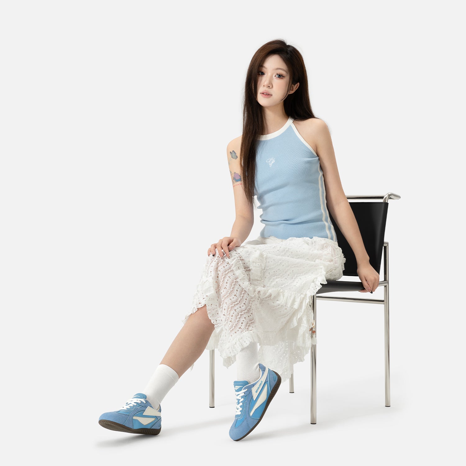SENGUOGUO Retro Racer Sneaker — Sky Blue & White, Unisex Low-Top