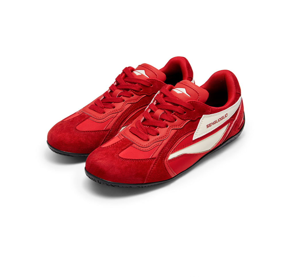 SENGUOGUO Retro Racer Sneaker — Pomegranate Red & White, Unisex Low-Top