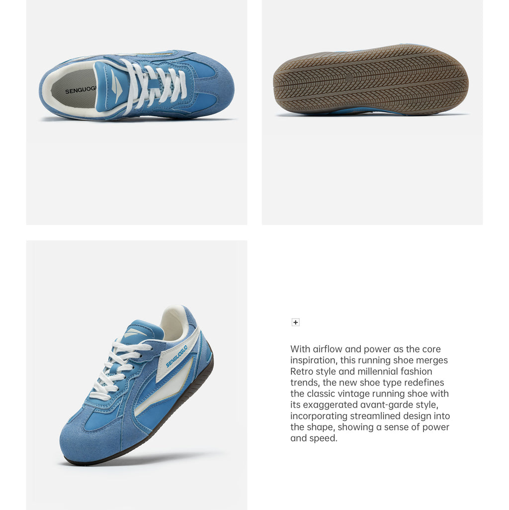 SENGUOGUO Retro Racer Sneaker — Sky Blue & White, Unisex Low-Top