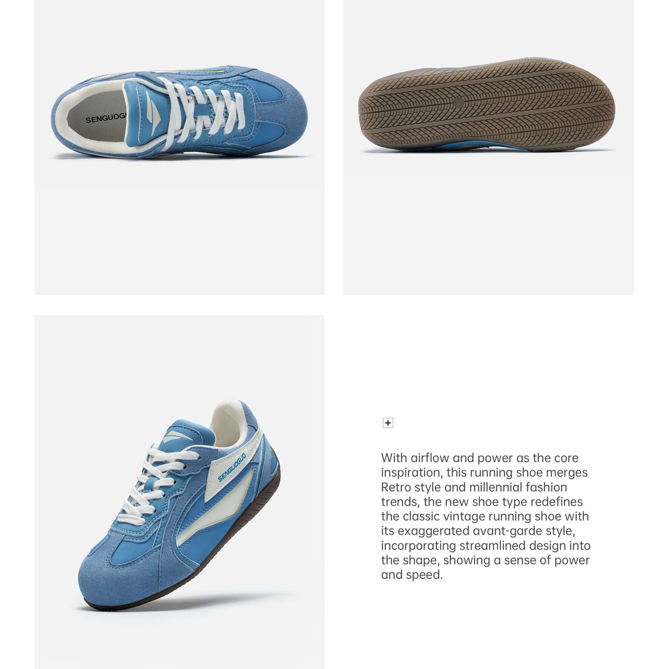 SENGUOGUO Retro Racer Sneaker — Sky Blue & White, Unisex Low-Top