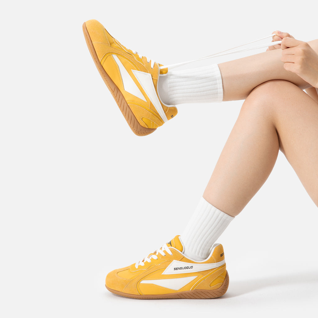 SENGUOGUO Retro Racer Sneaker — Yellow & White, Unisex Low-Top