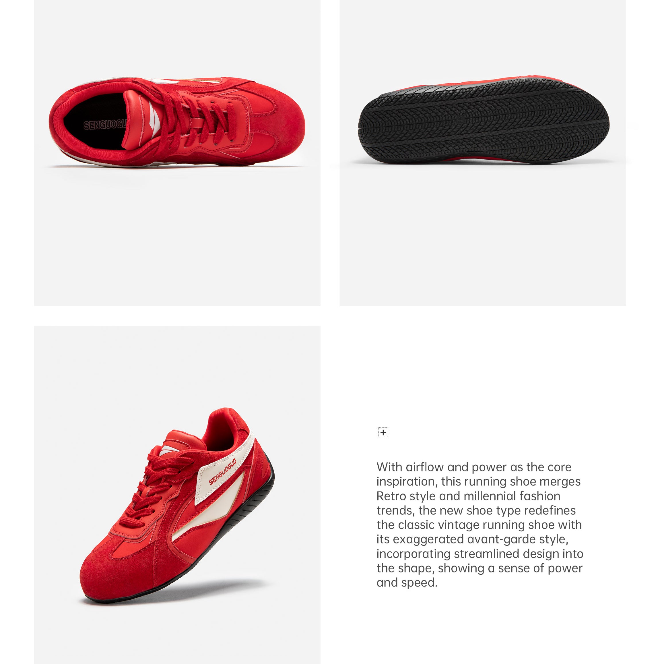 SENGUOGUO Retro Racer Sneaker — Pomegranate Red & White, Unisex Low-Top