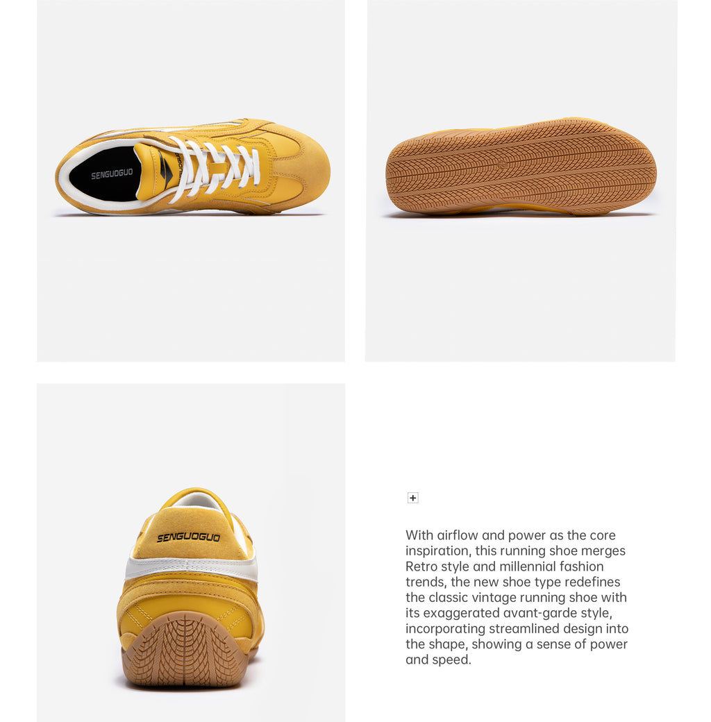 SENGUOGUO Retro Racer Sneaker — Yellow & White, Unisex Low-Top